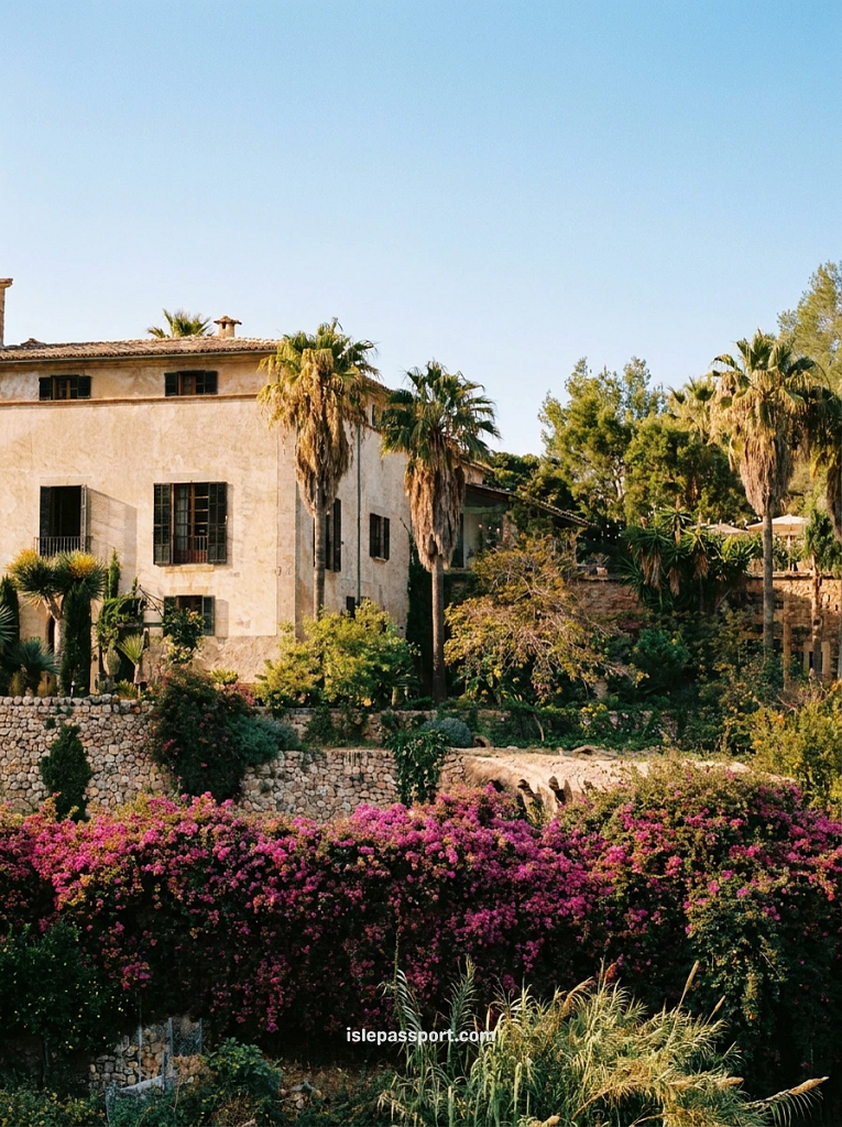 Stone finca building with palm trees and bougainvillea, a boutique finca hotel on the road between Soller and Deia, Mallorca