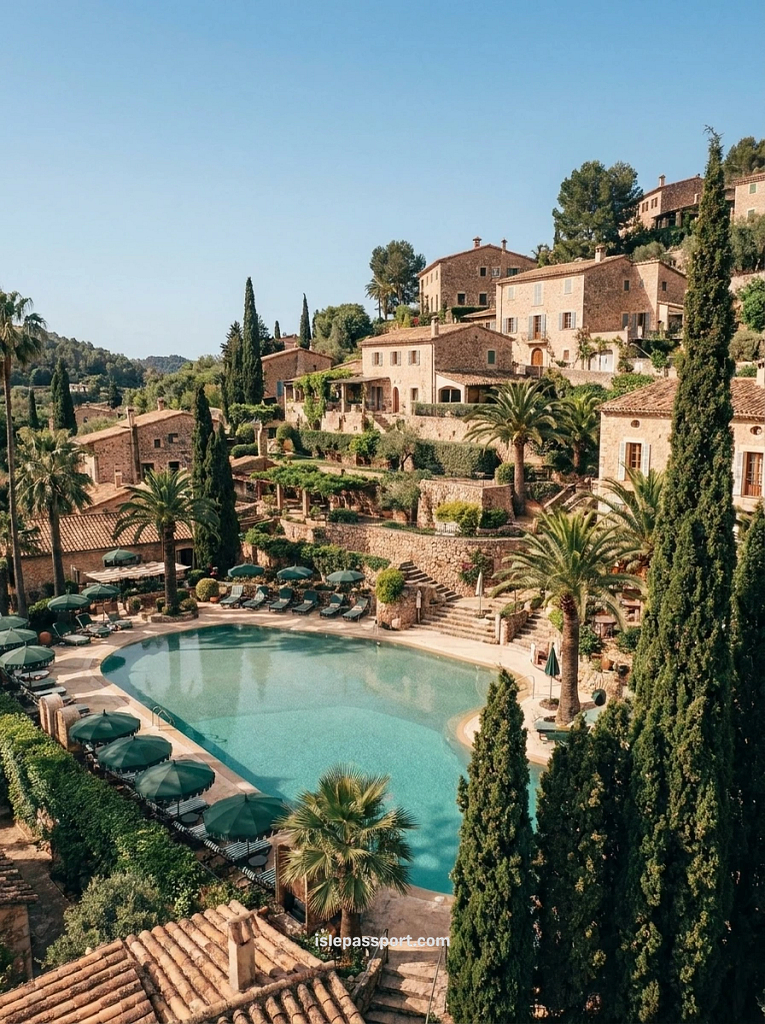 Aerial view of a curved swimming pool surrounded by cypress trees and stone village houses at La Residencia, a luxury boutique hotel in Deia, Mallorca