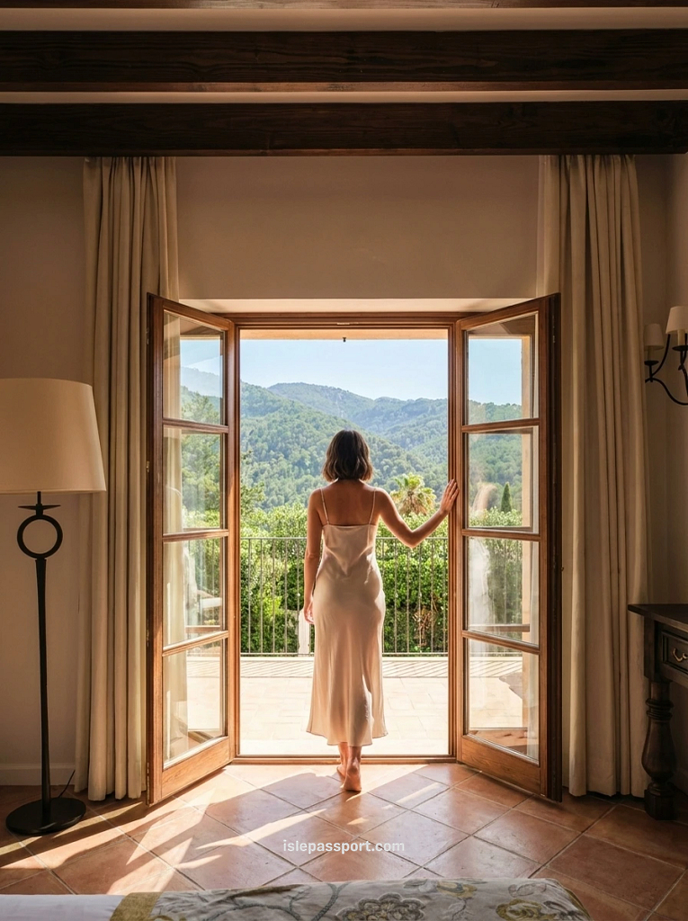 Woman standing at open balcony doors looking out over the Tramuntana mountains from a room at La Residencia, a boutique hotel in Deia, Mallorca