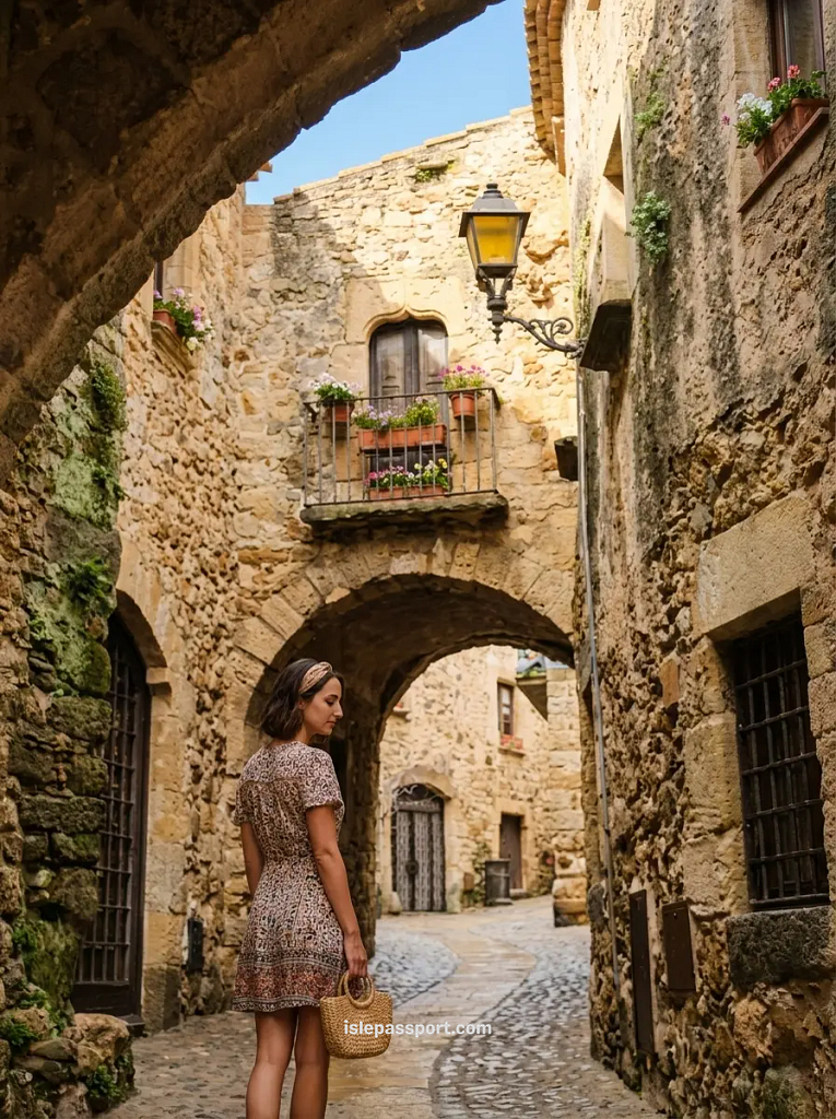 A woman exploring a historic stone alleyway with ancient arches and flower boxes in the medieval village of Pals, Spain.