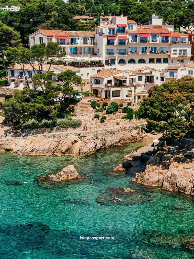 The Parador de Aiguablava hotel building on the rocky hillside overlooking swimmers in the clear turquoise sea water in Begur, Costa Brava.