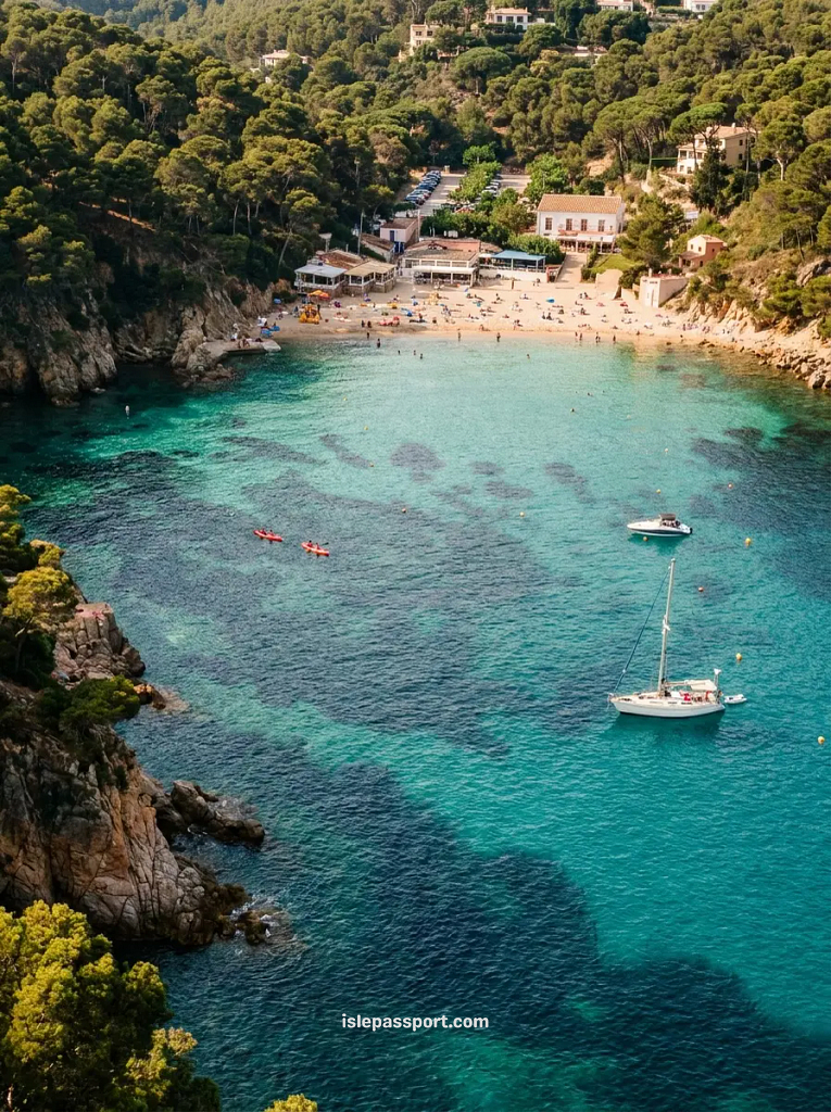 High-angle panoramic view of Platja d'Aiguablava cove in Begur, Costa Brava, showing the sandy beach, clear turquoise water, and boats anchored in the bay.
