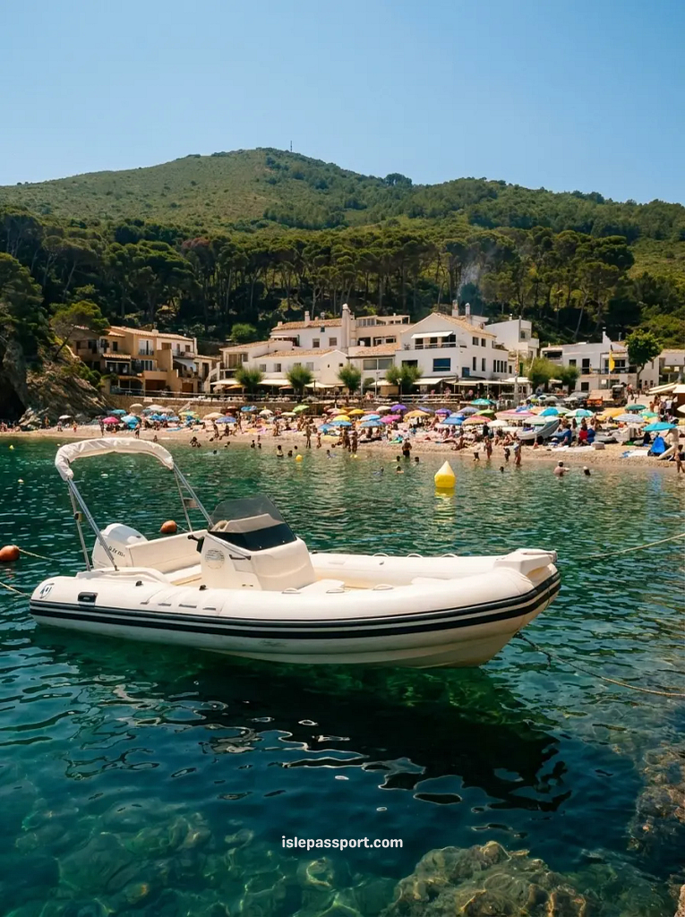 A small white motorboat floating in the clear turquoise water of Sa Tuna cove in Begur, Costa Brava, with a pebble beach and white waterfront buildings in the background.