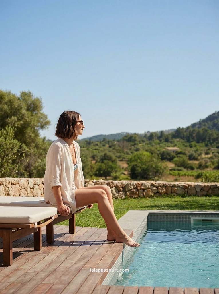 Woman sitting on the edge of a private pool looking out over olive groves and hills near Pollença, at Son Brull, a boutique hotel in north Mallorca