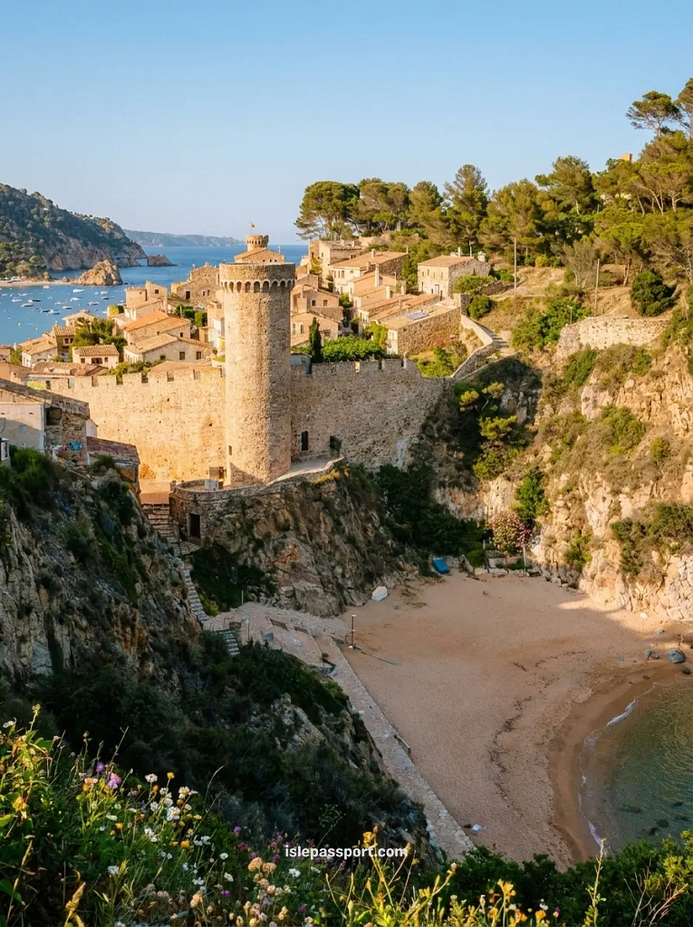 High-angle view of the historic medieval walled castle towers of Tossa de Mar overlooking a sandy beach cove on the Costa Brava.