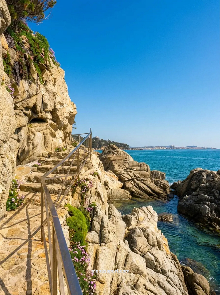 Stone Camí de Ronda coastal walking path with metal railing built into the rocky cliffs above clear blue sea on the Costa Brava.