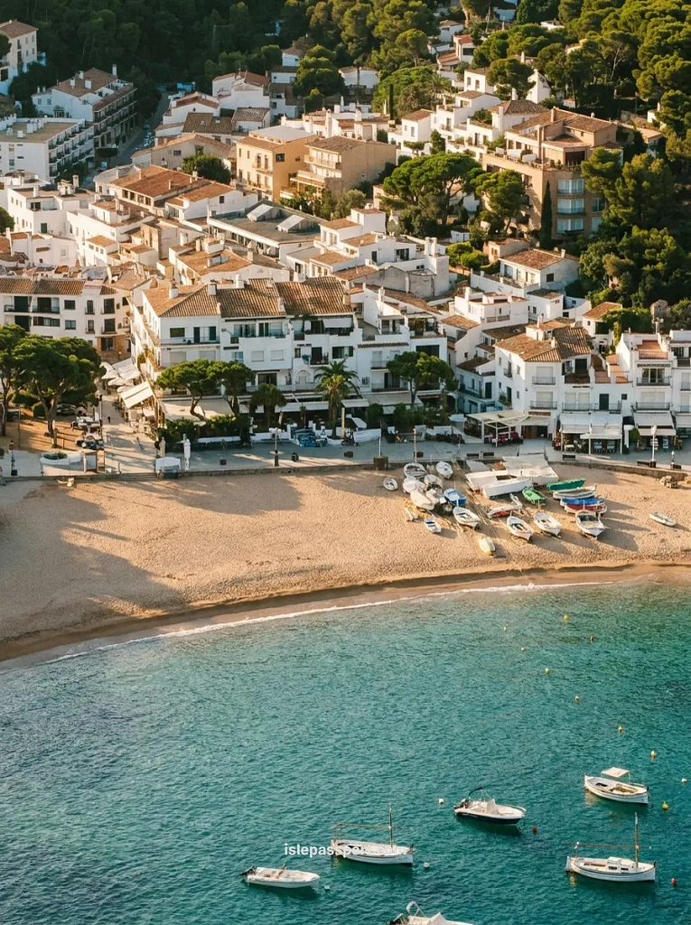 High-angle view of Tamariu beach and its traditional whitewashed houses, featuring fishing boats anchored in the clear turquoise sea and resting on the golden sand.