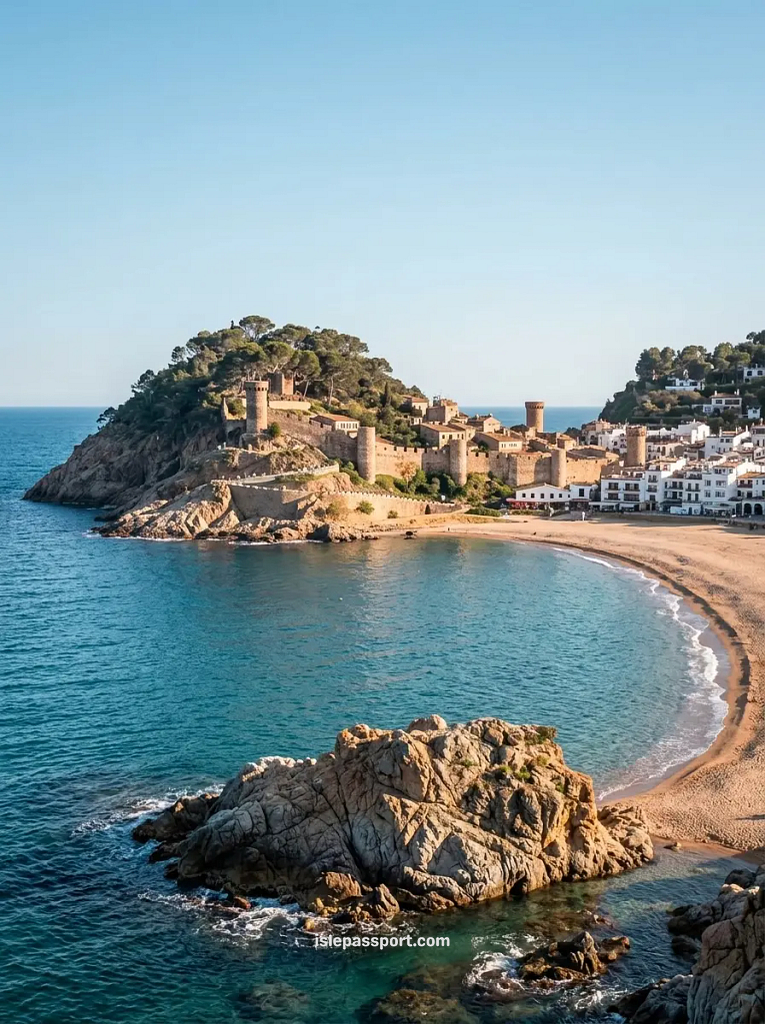 Aerial view of Tossa de Mar bay, medieval castle, and sandy beach along the Costa Brava.