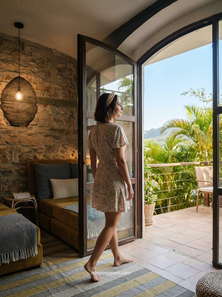 Woman in a floral dress walking onto a sunny balcony from a historic hotel room with exposed stone walls at Hotel Aiguaclara in Begur.