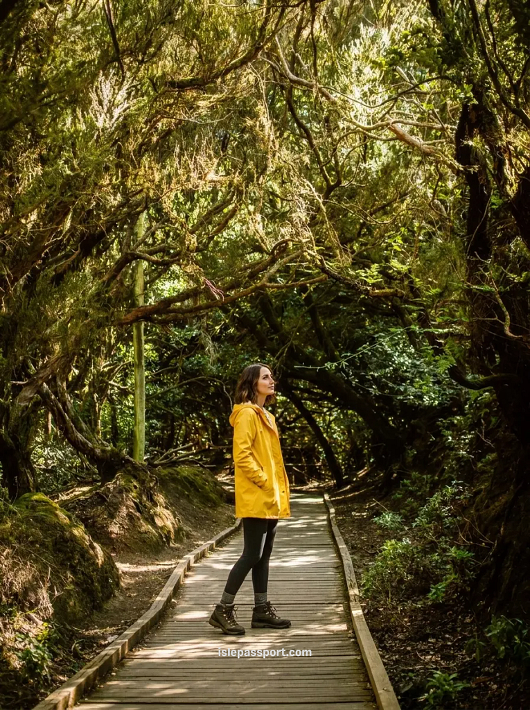 Woman in a yellow raincoat walking along the wooden boardwalk through the dense, green laurel forest of the Path of the Senses in Tenerife.