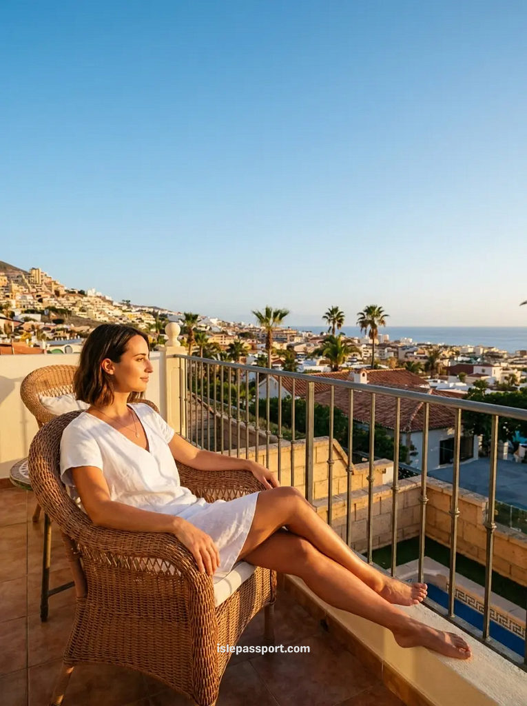Woman in a white dress on a terrace above the rooftops of Costa Adeje at sunset, the south base for the last three nights of a Tenerife one week itinerary