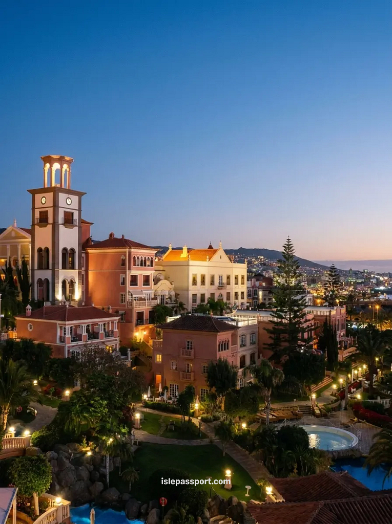 Hotels at the Playa del Duque end of Costa Adeje at dusk, the best place to stay in Tenerife for couples