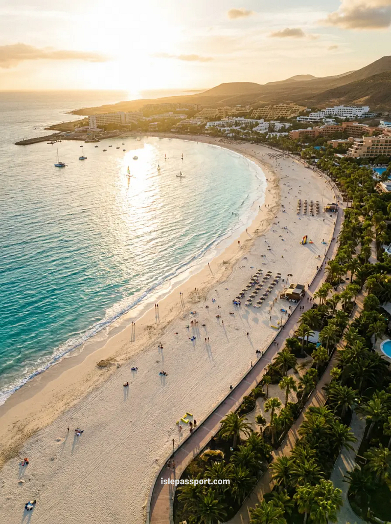 Aerial view of Costa Calma beach in Fuerteventura in winter, curved bay with calm turquoise water and hotels behind