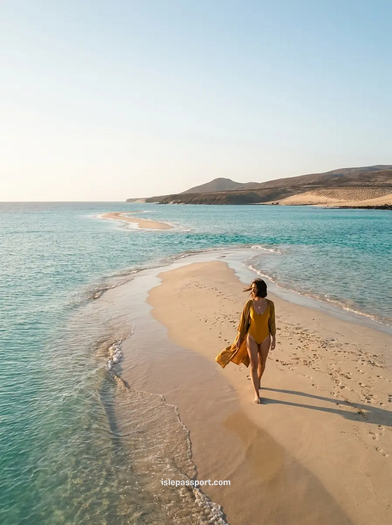 Woman walking along a sandbar between shallow turquoise lagoons on a calm winter morning in Fuerteventura
