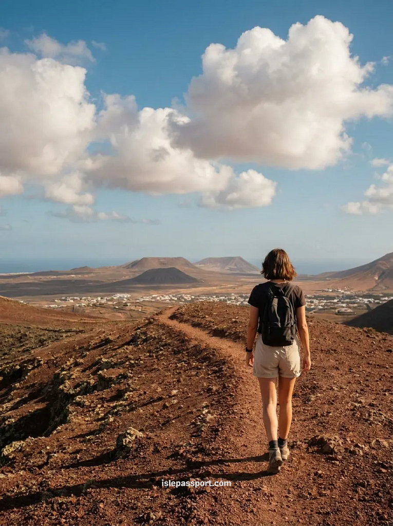 Woman hiking a red volcanic ridge trail above a white village and volcanic cones in Fuerteventura