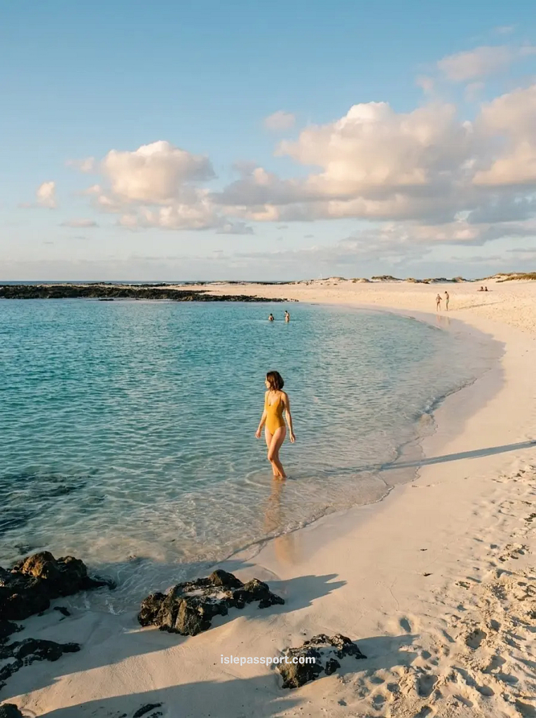 Woman wading into calm turquoise water at La Concha beach in El Cotillo, Fuerteventura, beside black volcanic rocks