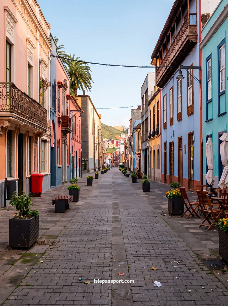 Pastel houses and wooden balconies on a pedestrian street in La Laguna old town, the north base for a Tenerife one week itinerary