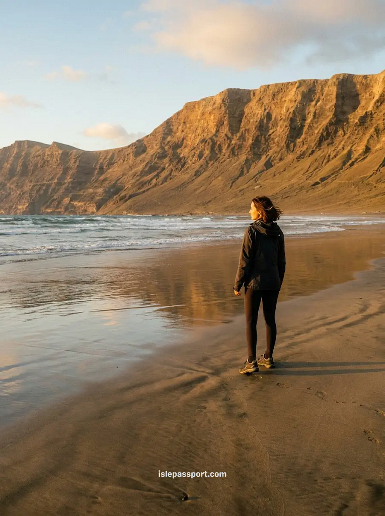 Walking Famara beach in Lanzarote in winter, windproof jacket and low afternoon sun against the cliffs