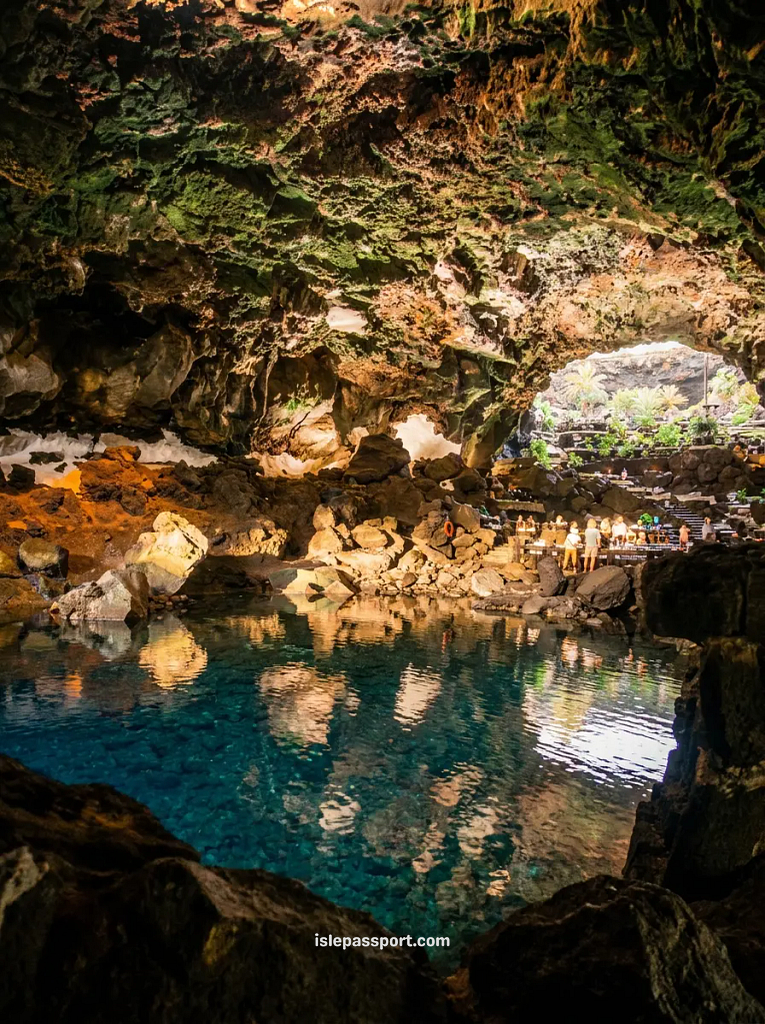 Turquoise pool inside the Jameos del Agua lava cave in Lanzarote in winter, César Manrique attraction