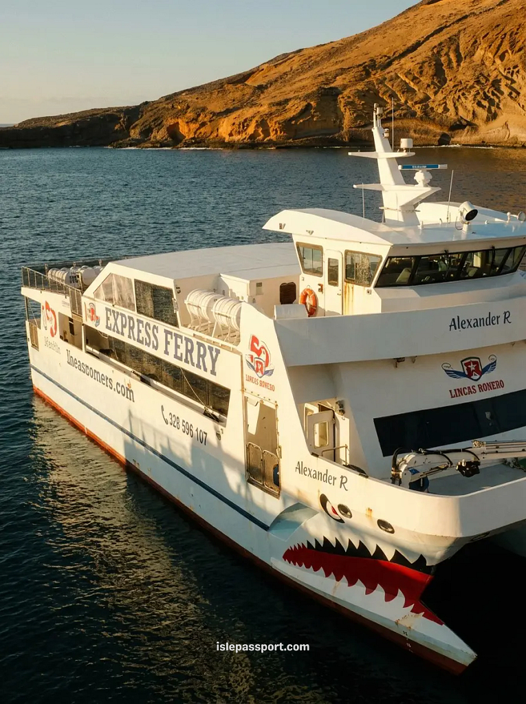 Express ferry to La Graciosa departing from Órzola, Lanzarote in winter, golden hour light