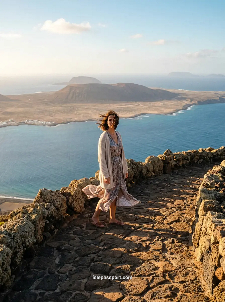 View over La Graciosa island from Mirador del Río in Lanzarote in winter, stone path and clear blue sea