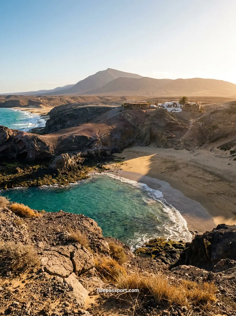 Empty cove near Playa Blanca in Lanzarote in winter, turquoise water and quiet golden sand