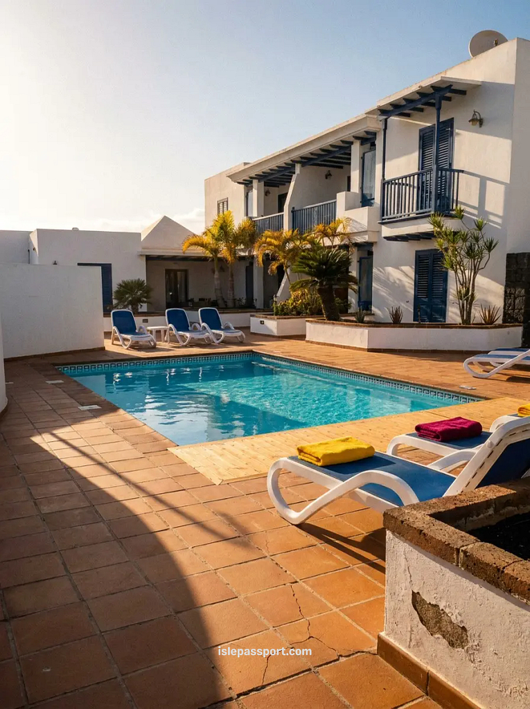 Playa Blanca apartment with private pool in Lanzarote in winter, low December sun and colorful towels
