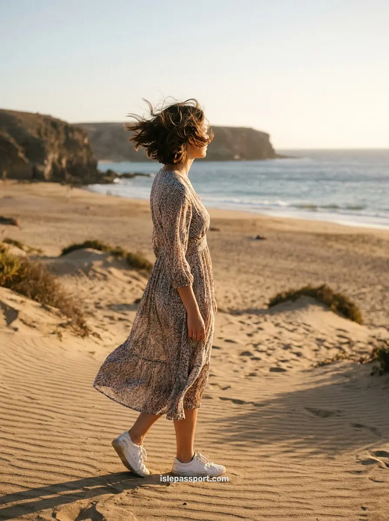 Woman walking the dunes near Playa Mujeres in Lanzarote in winter, windswept hair by the coast