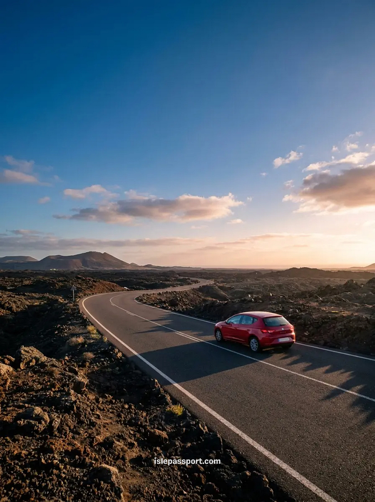 Rental car driving through volcanic landscape in Lanzarote in winter at sunset