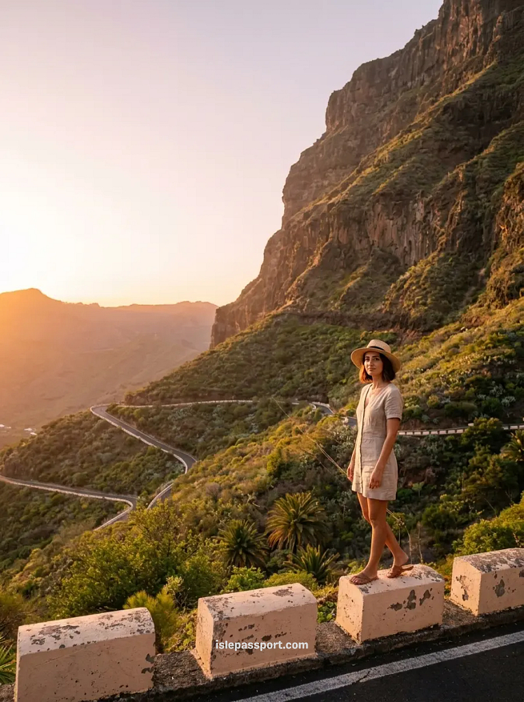 Woman in a straw hat standing on a low wall above the winding TF436 road near Masca at sunset, the hardest drive on a Tenerife road trip itinerary