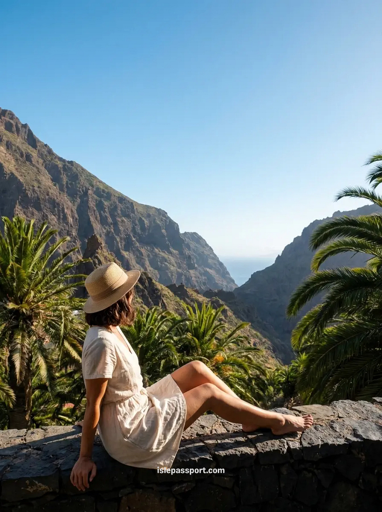 Woman sitting on a stone wall looking down the Masca valley to the sea, the viewpoint most Tenerife day tours stop at