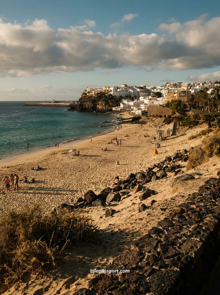Morro Jable beach and whitewashed old town in Fuerteventura in winter, with people walking along the sand