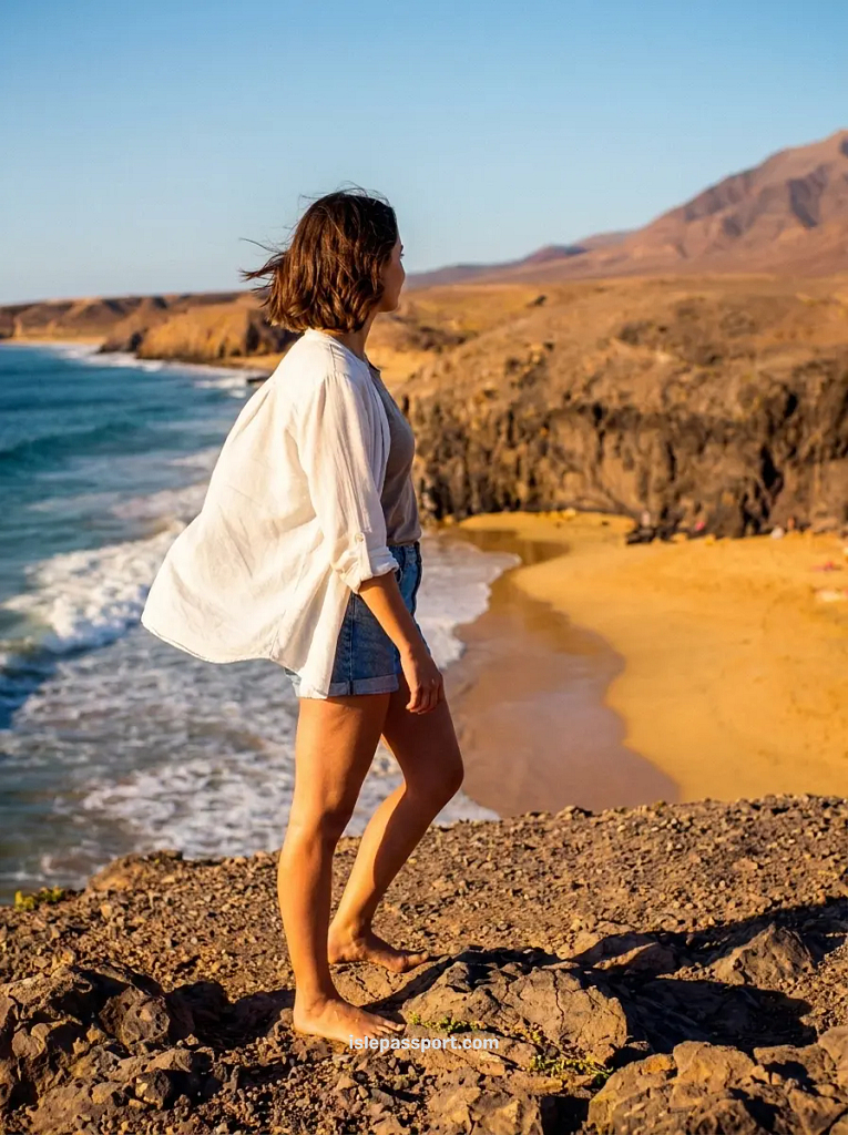 I am standing barefoot on a rugged rocky cliffside looking down at the sandy coves of Papagayo beach in Lanzarote, wearing a white shirt and denim shorts during a warm winter sunset.