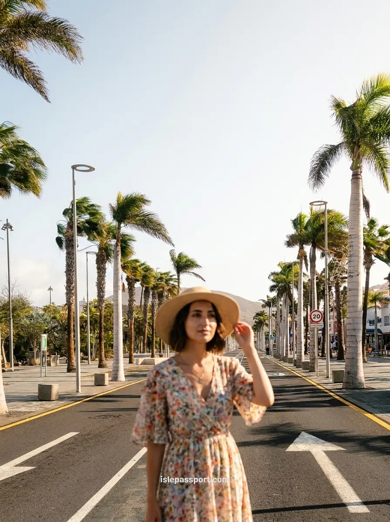 A first-person view walking down the wide, palm-lined Avenida de las Américas in Playa de las Américas, South Tenerife, with the Roque del Conde mountain visible in the distance under a sunny sky.