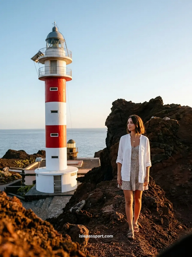 Red and white Punta de Teno lighthouse on black lava rock at sunset, one of the quieter Tenerife day trips from Costa Adeje