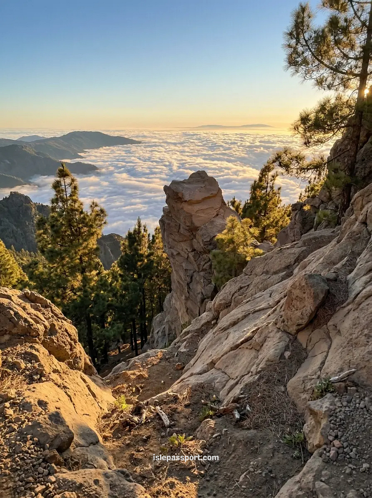 An atmospheric view from the high-altitude road leading to Mount Teide, showing a massive sea of clouds below rugged volcanic rock formations and native Canarian pine trees at sunset.