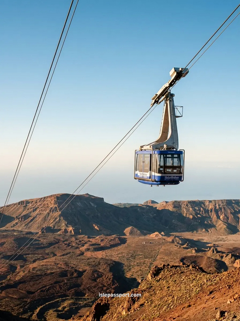 Teide cable car cabin above the volcanic crater at sunrise, the main stop on any Tenerife day trip to Mount Teide