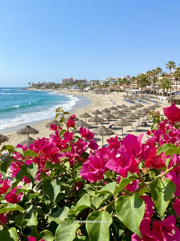 Playa del Duque beach in Costa Adeje with straw parasols and the rocky point, the best area to stay in Tenerife for a first visit