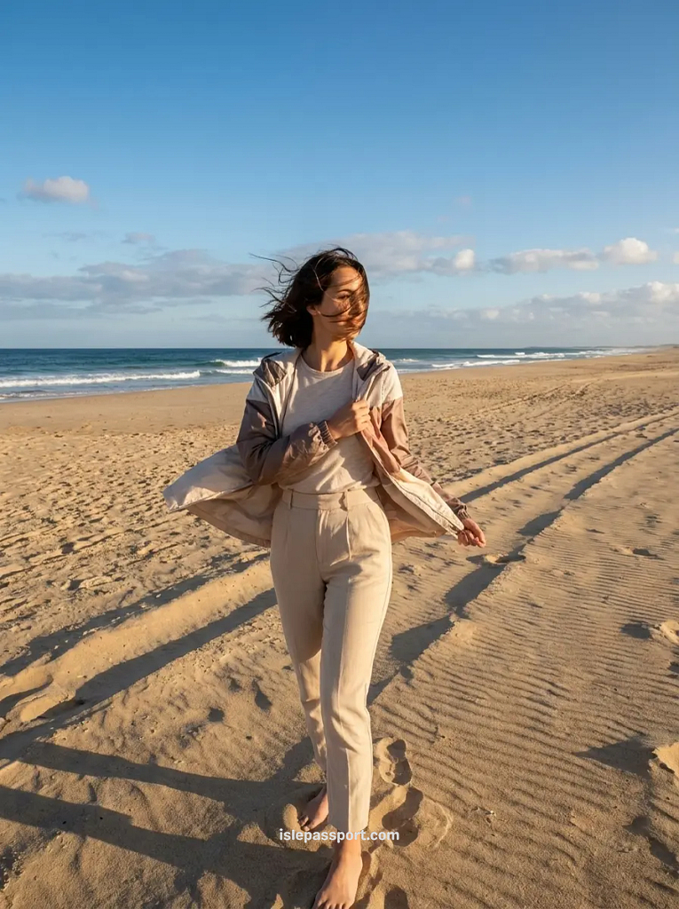 Woman in a windproof jacket with her hair blowing on a wide sandy beach on a breezy winter afternoon in Fuerteventura