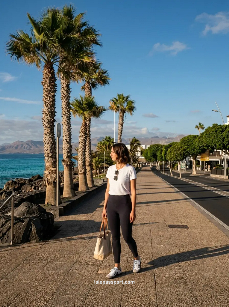 Maya on the palm-lined Avenida de las Playas promenade in Puerto del Carmen, Lanzarote, with the sea and mountains behind