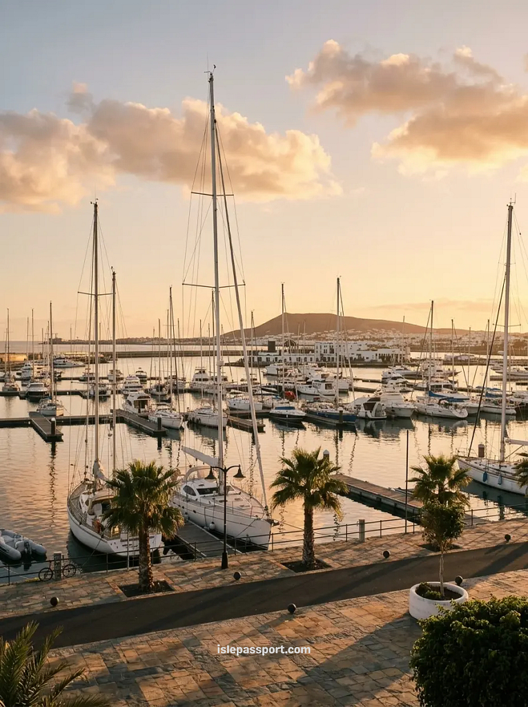 Sailing boats in Marina Rubicón at sunset, the upmarket end of Playa Blanca in Lanzarote