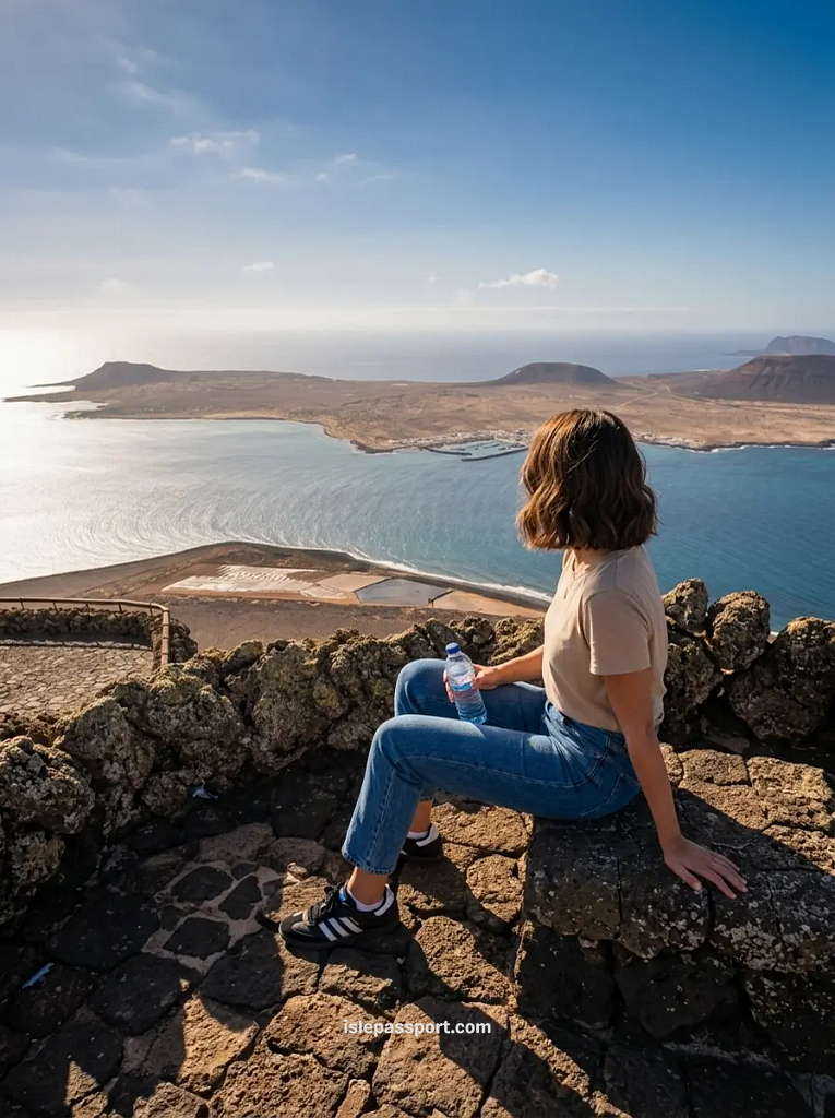 Maya sitting on a stone wall at Mirador del Río, looking over the sea to La Graciosa, Lanzarote