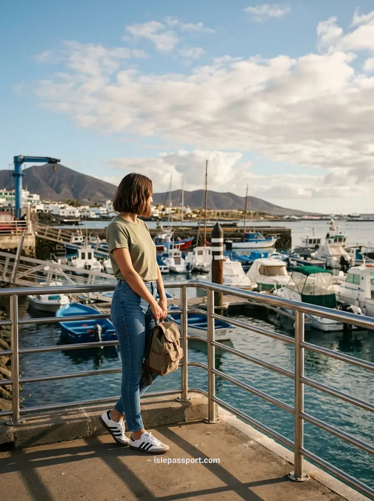 Maya looking out over the boats in Playa Blanca harbour, Lanzarote, where the ferry to Fuerteventura leaves