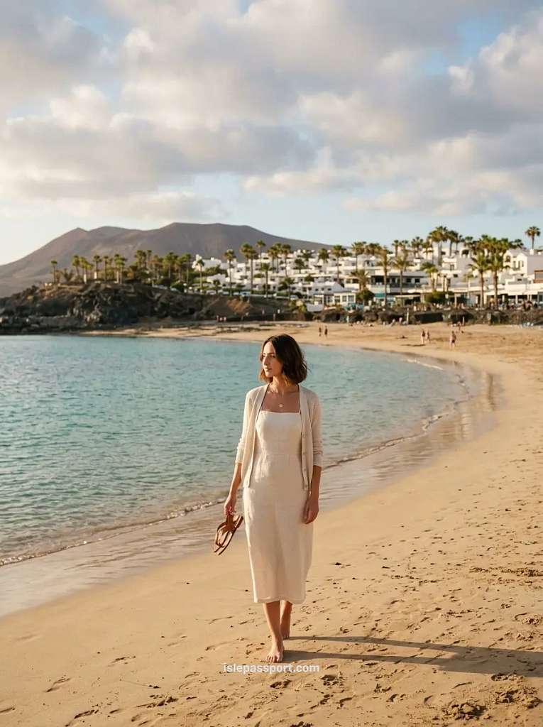 Maya walking barefoot along a beach in Playa Blanca, Lanzarote, in the late afternoon, with palm trees and mountains behind