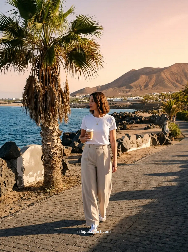 Maya with a coffee on the Playa Blanca seafront promenade in Lanzarote, with palm trees and volcanic hills behind