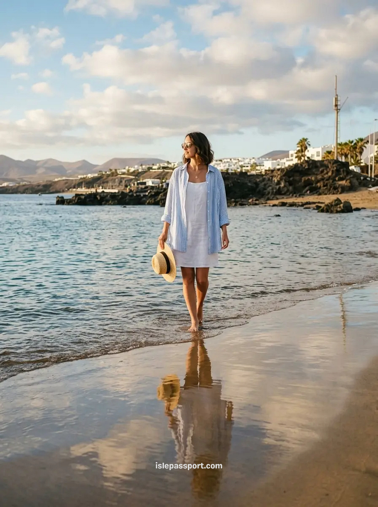 Maya walking along the water's edge at Playa Chica in Puerto del Carmen, Lanzarote, with dark lava rocks and white houses behind