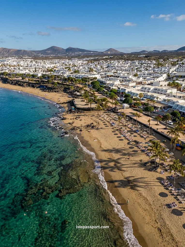 Aerial view of the beach and palm-lined seafront in Puerto del Carmen, Lanzarote, with clear turquoise water