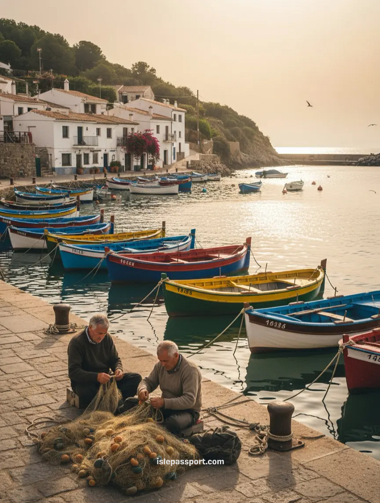 Fishermen mending nets beside colorful boats in a traditional Spanish fishing village harbor, showing authentic coastal culture in Spain.