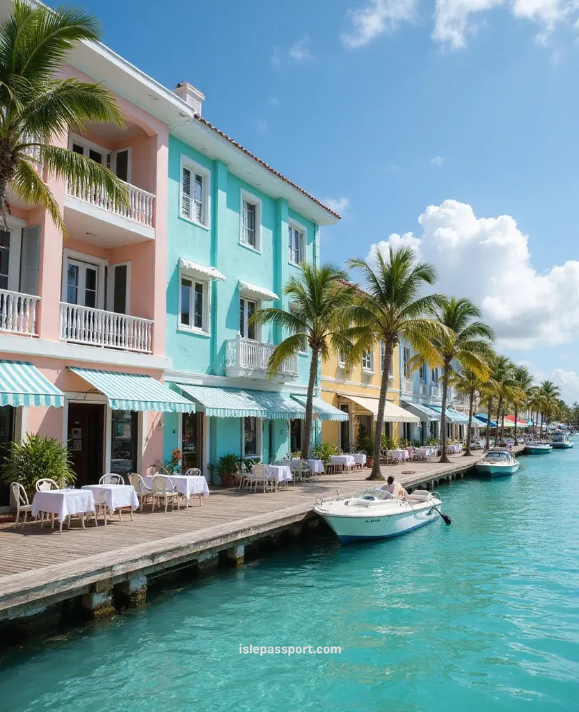 Colorful waterfront cafes and boats along turquoise marina in the Bahamas.