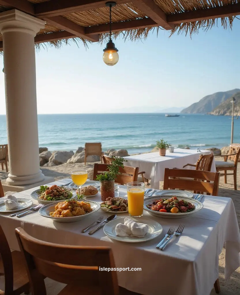 Seaside Greek taverna table set with traditional dishes overlooking the Aegean.